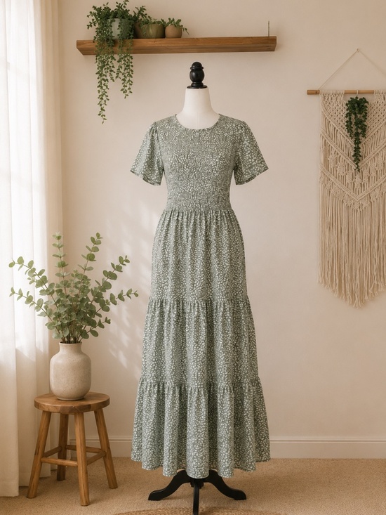 Polagram Dresses & Skirts - Polagram Smocked Tiered Maxi Dress Sage Green Floral Small Cottagecore
